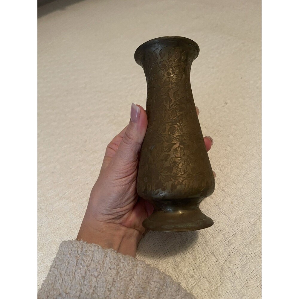Vintage-Retro-Floral Etched Brass Vase-Made in India-6" Tall